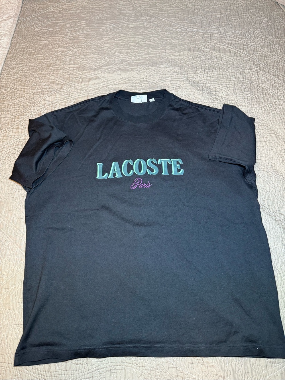 Lacoste Black Short-Sleeve Tee with Mint Logo and Purple Script